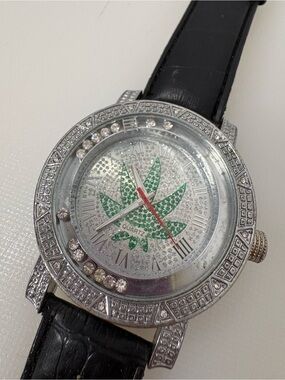 Silver Crystal Leaf Face Watch with Black Strap Works